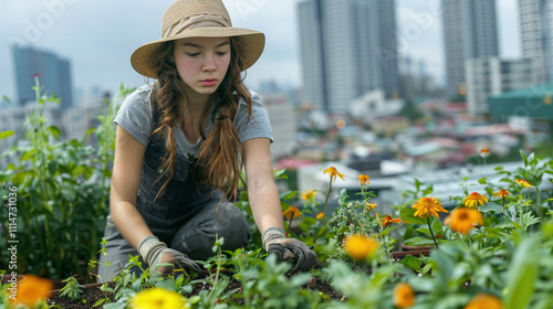 Urban Rooftop Gardening in a Cityscape