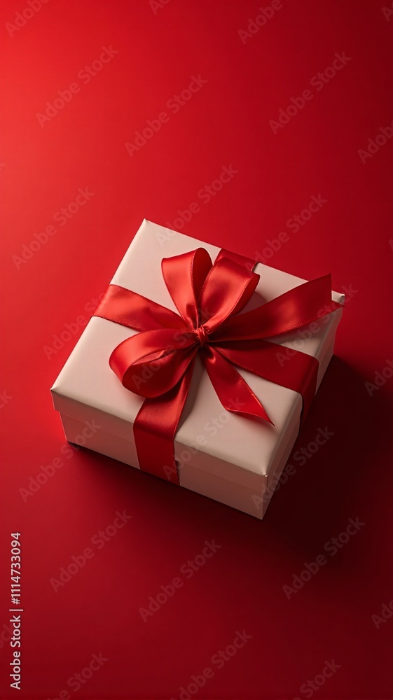 Obraz premium beautifully wrapped gift box adorned with a red ribbon on a rich red background, symbolizing celebration and festive cheer, vertical orientation.