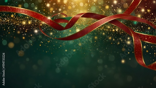 Red ribbons on a dark green background with gold sparkles and lights.


