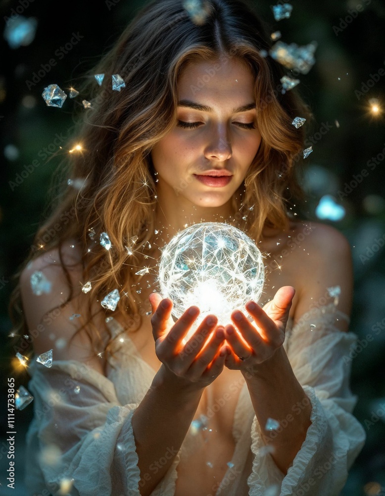 Naklejka premium Beautiful young woman with magic crystal ball in her hands. Fairy tale
