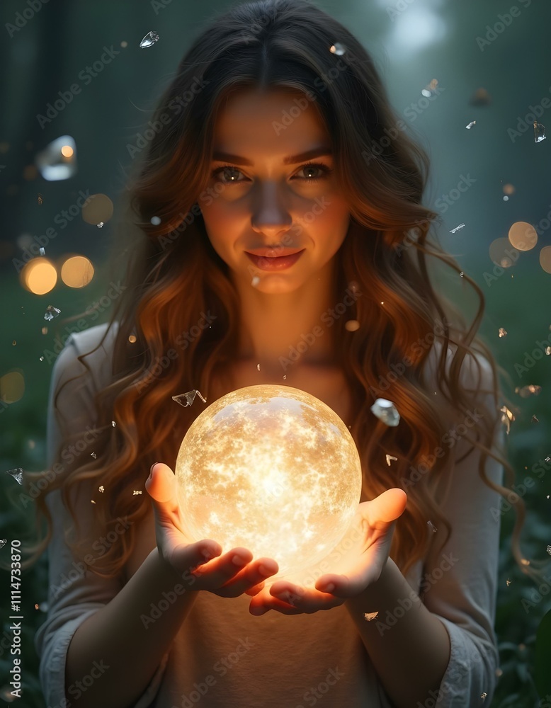Naklejka premium Beautiful woman holding magic crystal ball in hands. Fairy tale.