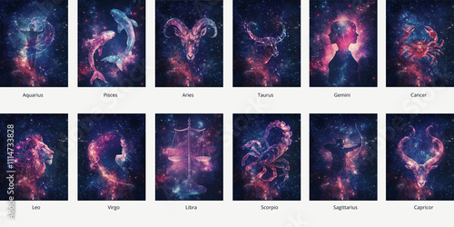 12 zodiac signs: pink, violet & blue art over night sky; Aquarius, Pisces, Aries, Taurus, Gemini, Cancer, Leo, Virgo, Libra, Scorpio, Sagittarius, Capricor; 2026 horoscope background with EN labels