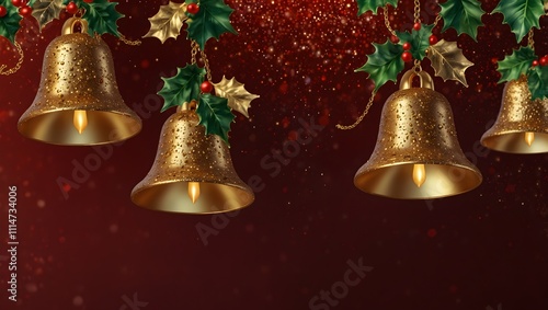 Gold bells, holly, and tiny red berries hang on a dark red background.

