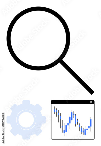 Magnifying glass, gear, and financial chart convey themes of analysis, research, and financial data. Ideal for business strategy, market research, data analysis, technological innovation financial