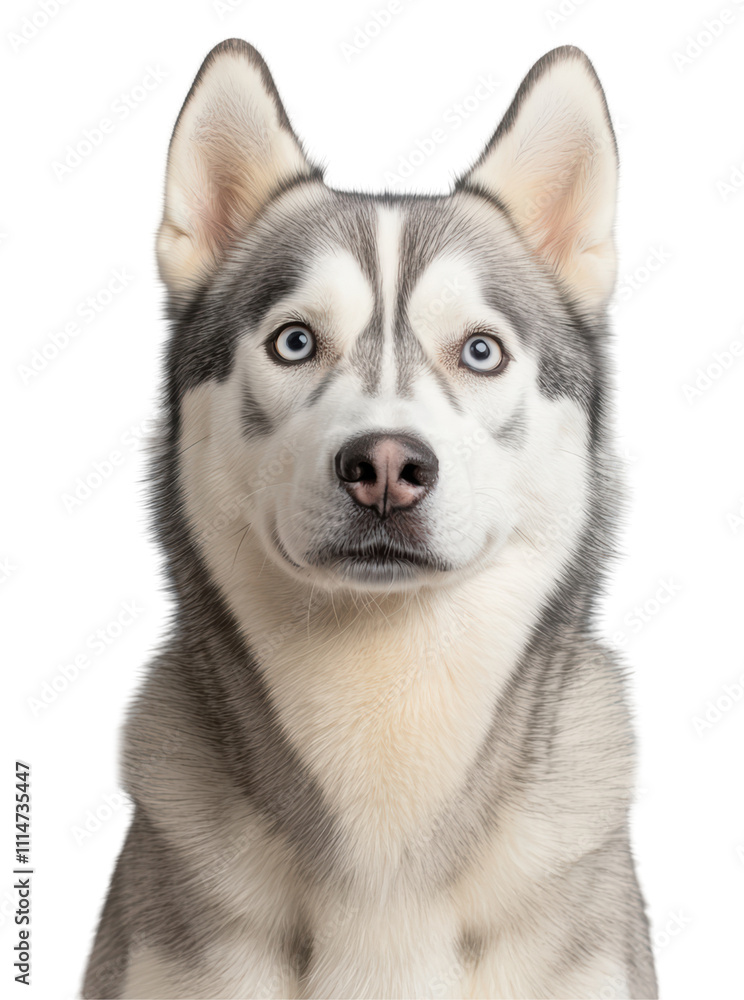 Close-up of a Siberian Husky’s sharp features and piercing blue eyes, isolated on a transparent background. Close-up of a Siberian Husky’s sharp features and piercing blue eyes, isolated on a transparent background.