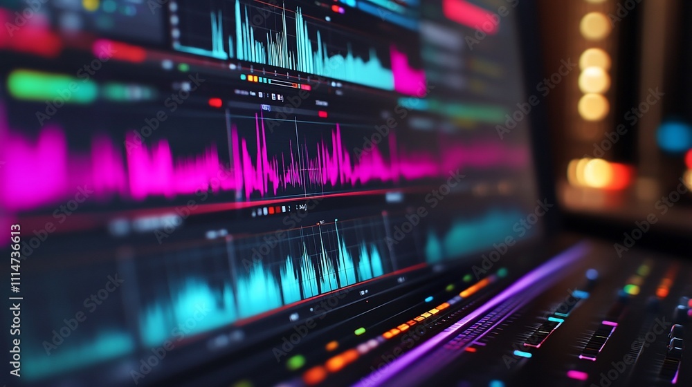 Obraz premium Close-up of laptop screen displaying colorful audio waveforms and digital data.