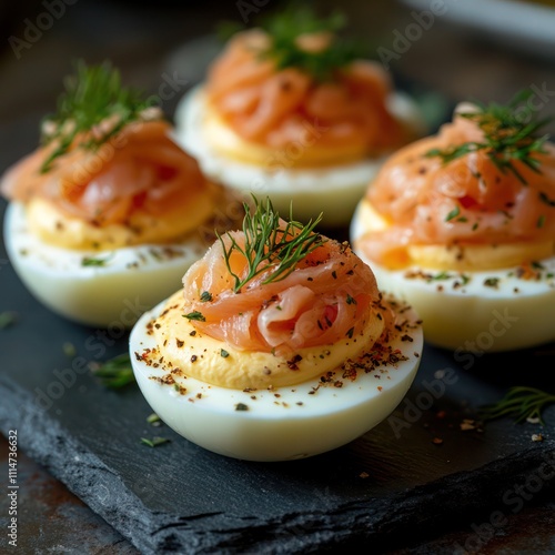 An exquisite serving of deviled eggs topped with smoked salmon, on a dark slate platter, showcasing the rich pink salmon texture garnishe dwith sprinkles of black pepper photo