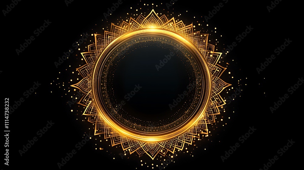 Fototapeta premium Golden Ornate Circular Frame With Sparkling Lights