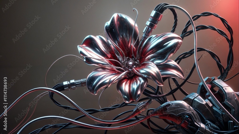 Obraz premium futuristic metallic bloom featuring intricate cybernetic mechanisms for innovation themes