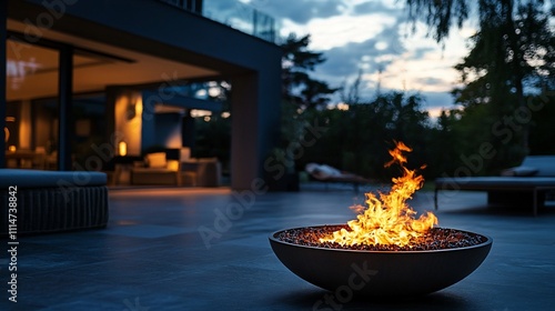 Modern home's backyard patio with fire pit at twilight. photo