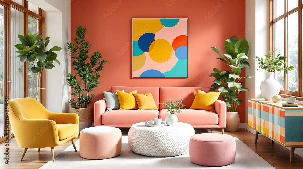 Fototapeta premium Bold and Colorful Living Room with Abstract Wall Art and Vibrant Furniture (Interior Design)