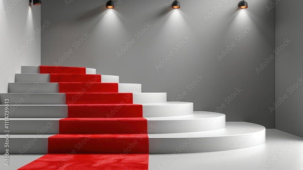 Obraz premium Red carpet on circular white stairs in modern minimalist room.