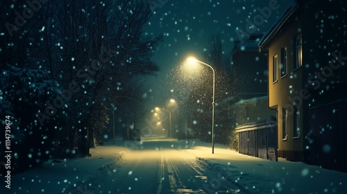 Quiet Christmas night with a single streetlamp an