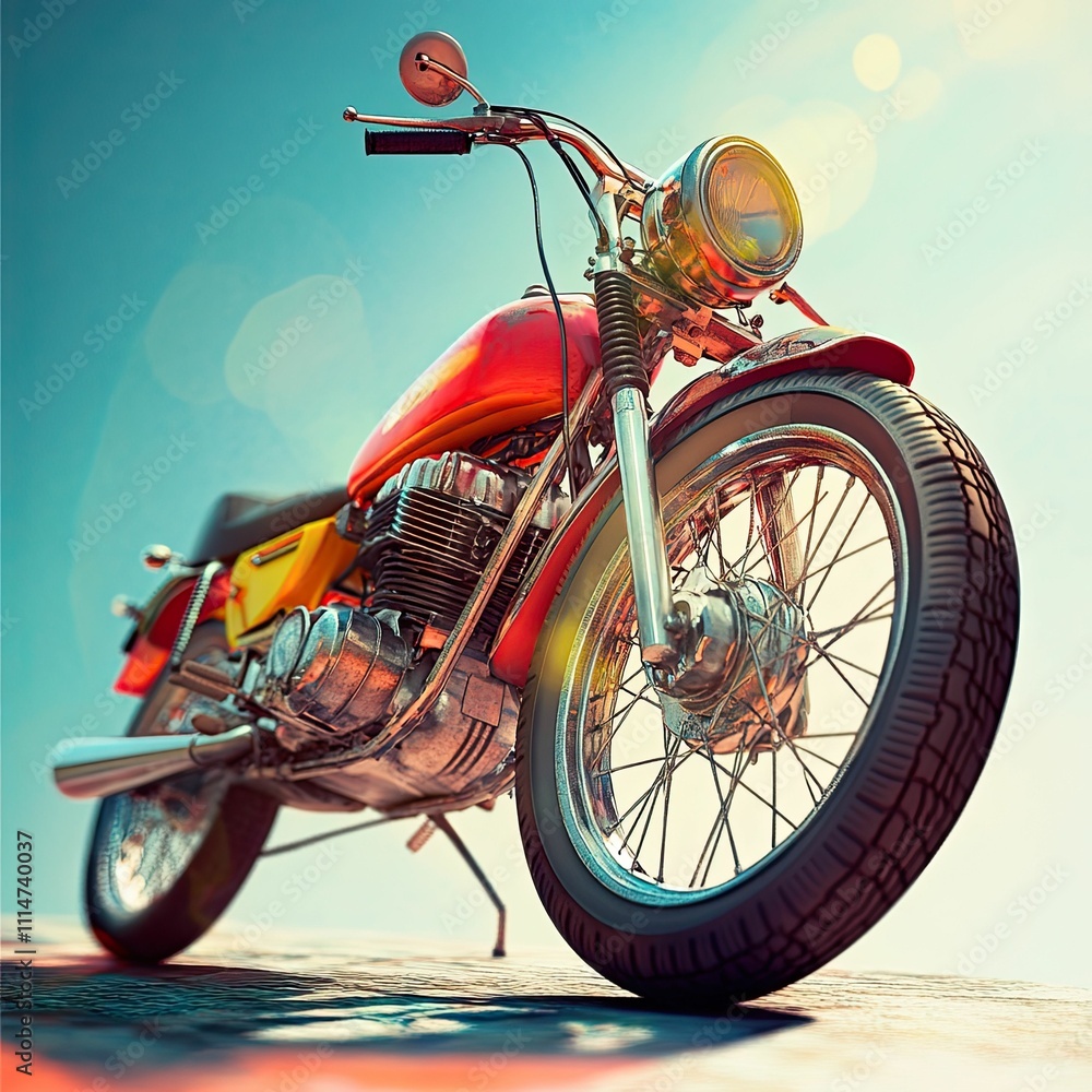 Fototapeta premium Vintage red motorcycle, sunny outdoors.