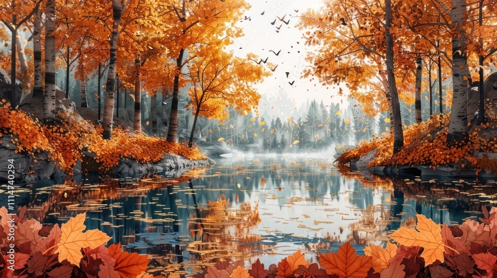 Obraz premium Stunning autumn landscape with a serene lake surrounded by a vibrant forest filled with colorful foliage reflecting on the calm waters