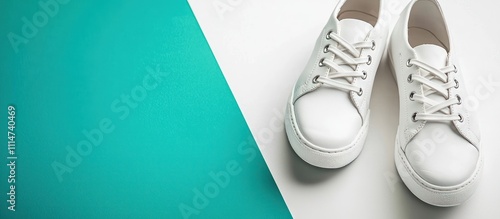 White leather shoes with laces on a modern teal and white background