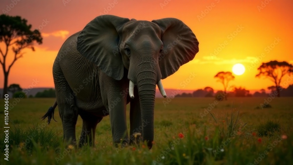 Obraz premium an elephant standing in the middle of a field at sunset, surrounded by lush green grass and tall trees in the background The sky is a beautiful mix of oranges