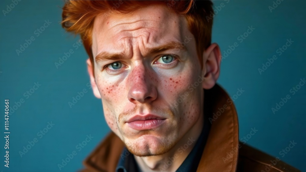 Fototapeta premium man with red hair and freckles wearing brown jacket on blue background.