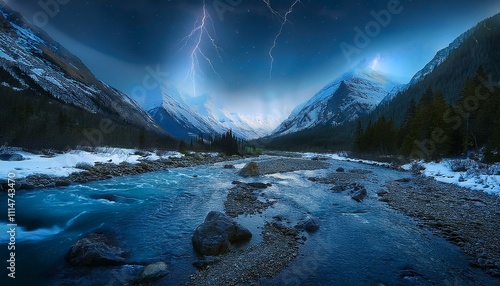 Majestic Winter Night: Aurora Borealis Over Mountain Stream