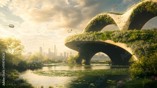 Futuristic, verdant, bridge over tranquil lagoon with city skyline in background. Lush flora, serene landscape, architectural marvel. photo