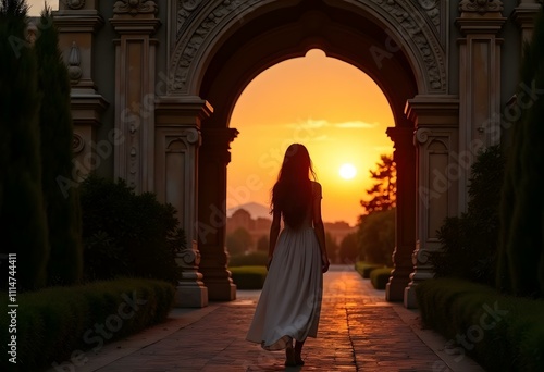 Silhouette of a Lady in a White Dress Walking Through an Ancient Archway Entrance