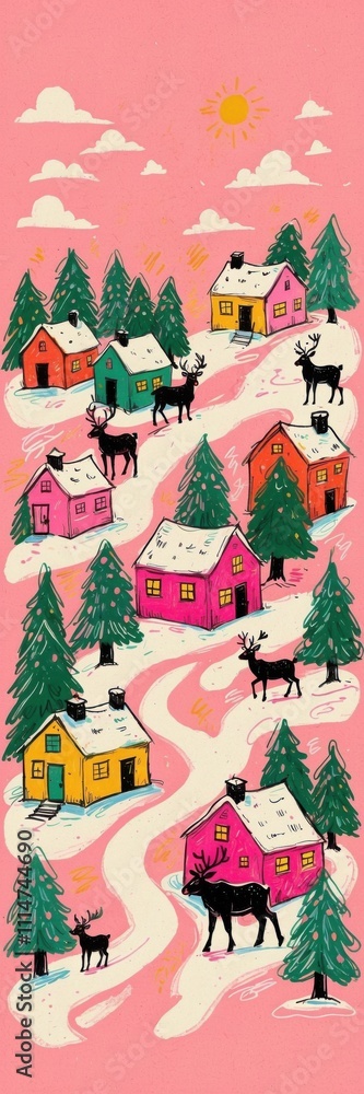Fototapeta premium Modern Naïve Christmas Village Pink Bookmark – Snowy Scene with Reindeer and Pines