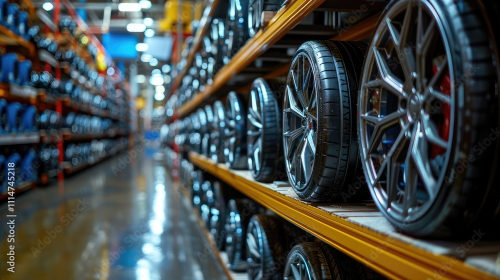 Fototapeta premium Rows of car tires and rims neatly stocked on shelves in a warehouse.
