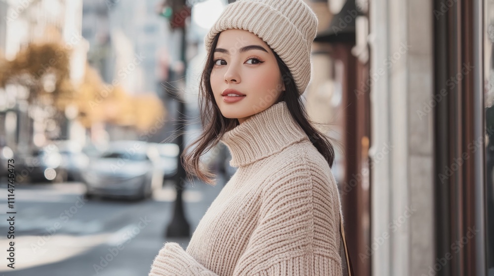 Fototapeta premium Stylish Woman in a Cozy Knitted Sweater