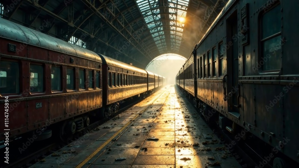 Obraz premium Foggy morning train station with abandoned carriages and rain-soaked platform