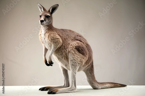 side view of a standing kangaroo with a calm posture against a neutral background, ideal for wildlife themes or australian animal concepts   photo