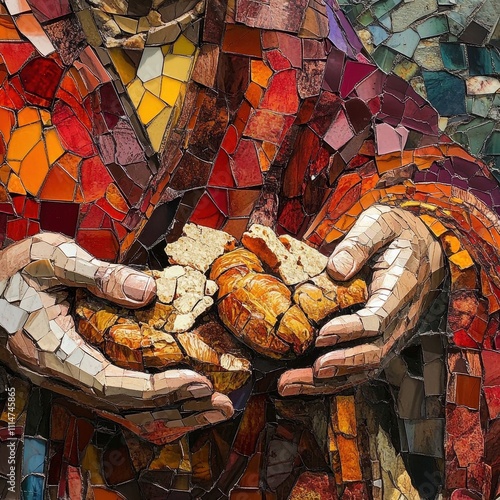 Mosaic Art Depicting Jesus’ Hands Breaking Bread in a Symbolic Act of Faith and Fellowship