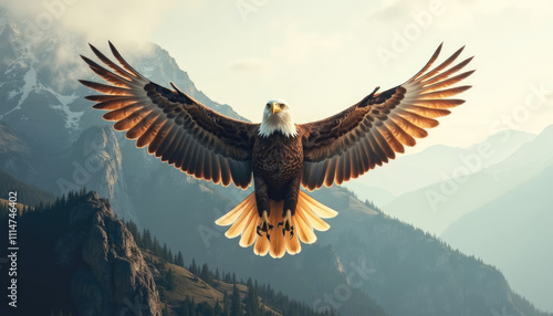 Bald eagle flying over majestic mountains showcasing freedom.