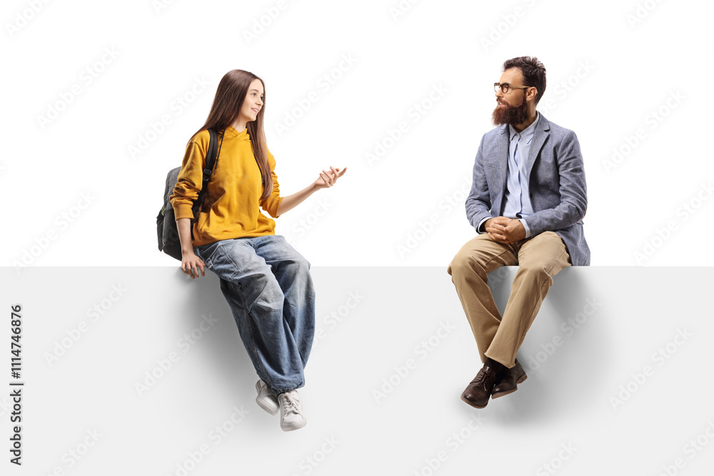 Naklejka premium Female teenager sitting on a panel and talking to a bearded man