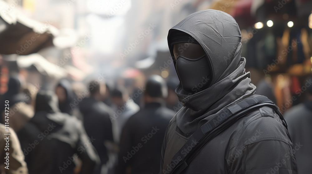 Covert CIA Operative in Urban Street Market Scene Covert CIA Operative in Urban Street Market Scene