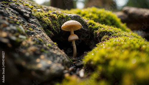 Mushroom Growing on a Rock, Mushroom Emerging from Stone Surface photo