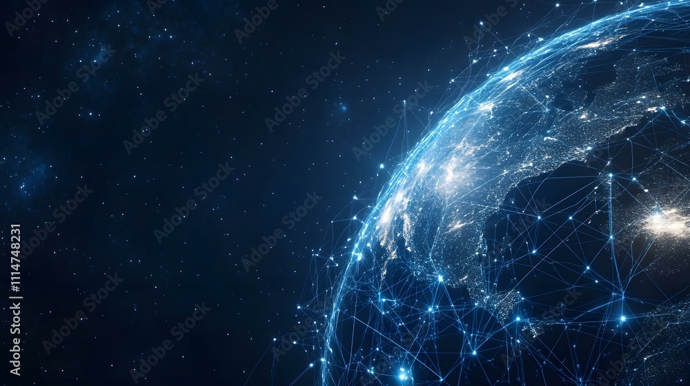Naklejka premium Abstract digital map, Futuristic globe with abstract connected lines, information network planet, cyberspace world and cyber technology