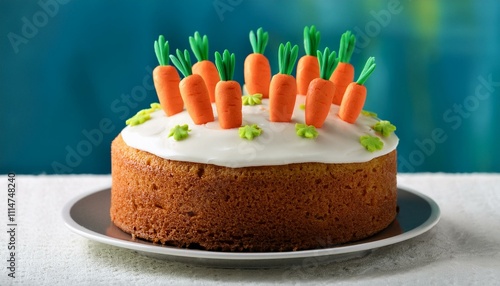 An Easter-themed dessert featuring a carrot cake topped with tiny marzipan carrots.