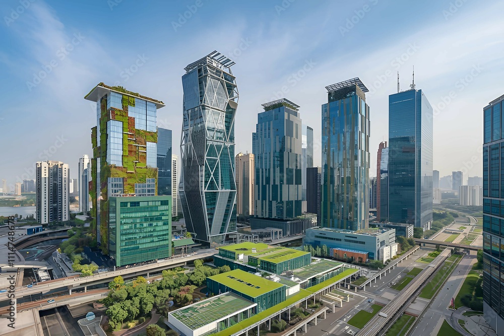 Fototapeta premium urban landscape featuring futuristic skyscrapers with sustainable designs, showcasing smart city planning and green technology