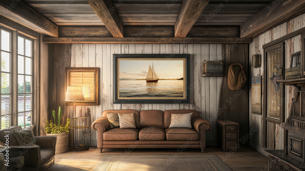 Fototapeta premium a 3D rendering of a cozy farmhouse-style interior featuring an empty mockup poster frame.