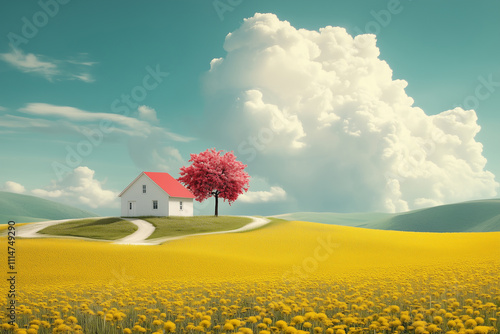 Scenic countryside view with a quaint house, vibrant yellow fields, and a cherry blossom tree under a bright sky