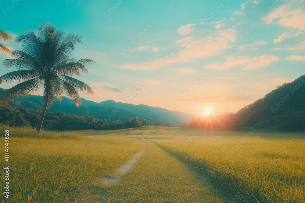 Fototapeta premium Tranquil sunset over lush green fields with palm trees and mountains in the background