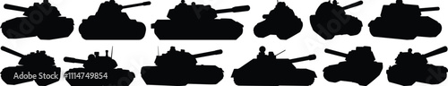 Tank silhouettes set, army pack of vector silhouette design, isolated background