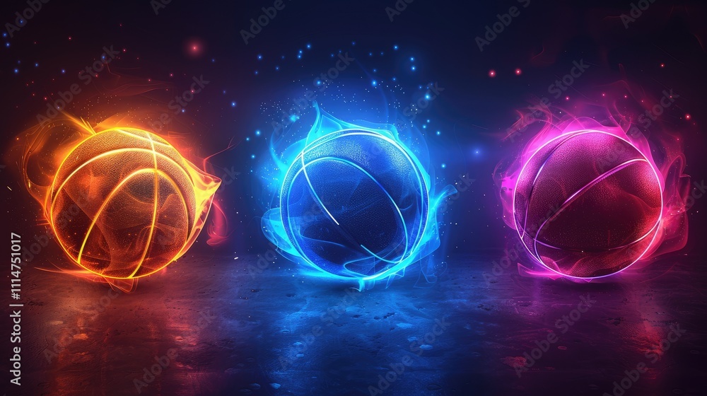 Obraz premium Three fiery basketballs in vibrant colors.
