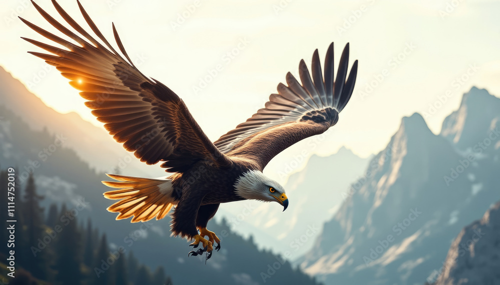 Obraz premium A majestic bald eagle in flight soaring over a dramatic mountain range at sunset.