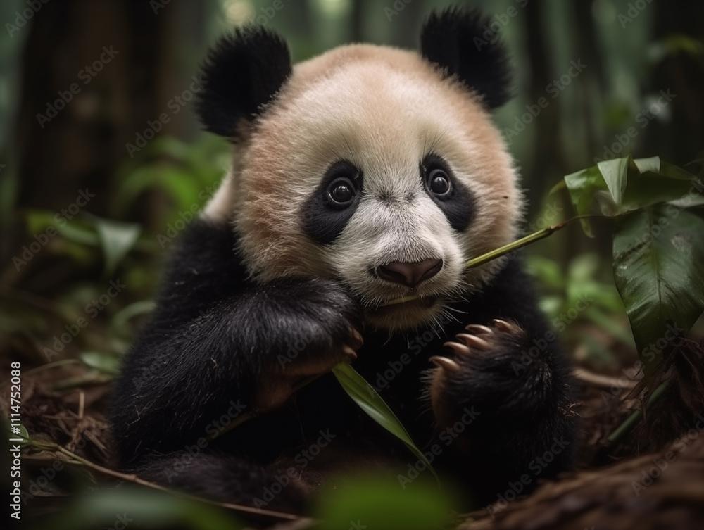 Obraz premium A little panda eats bamboo in the forest.