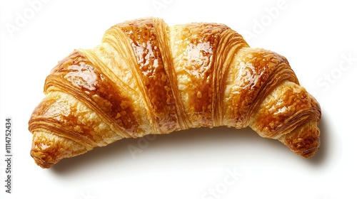   A zoomed-in picture of a croissant on a white backdrop, featuring a nibble taken from one of its layers