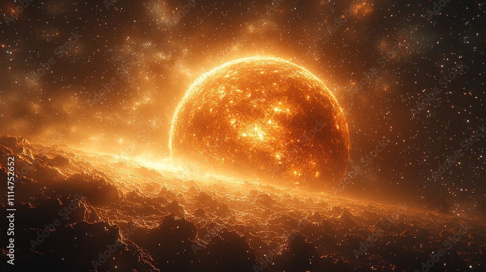Obraz premium A mesmerizing image of a fiery planet surrounded by cosmic clouds and stars.
