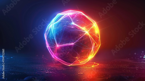 Vibrant glowing geometric sphere, abstract digital art.