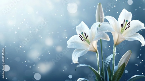 Blue & white background with snowfall; two white flowers sit side by side