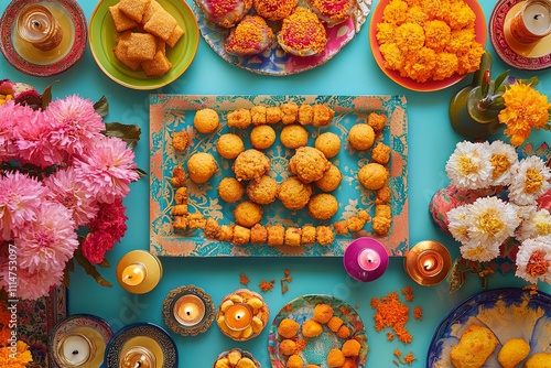 Flat lay of vibrant Punjabi sweets like gajak, rewari, and jaggery ladoos, beautifully arranged on a colorful tray, adorned with marigold flowers and small lamps, celebrating festive spirit of Lohri. photo